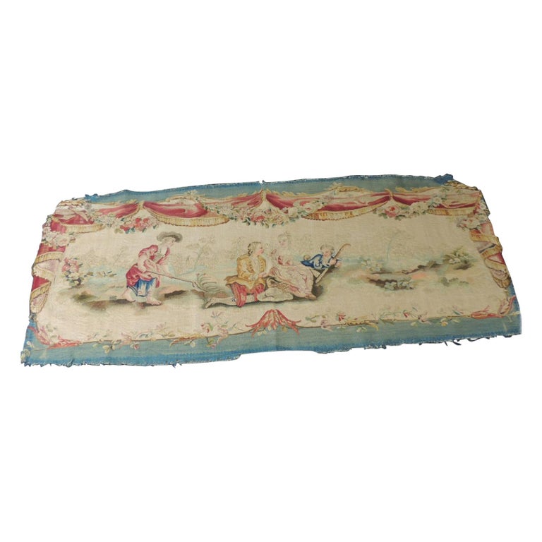 Antique Aubusson Tapestry Blue and Pink Settee Seat/Back Cover For Sale
