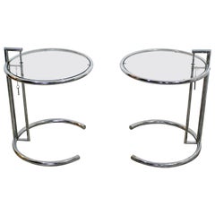 Mid-Century Modern Eileen Gray Pair Chrome Glass Adjustable Side Tables, 1960s