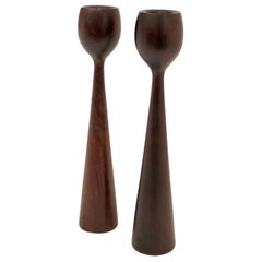 Pair of Danish Modern Solid Rosewood Candlesticks Hand Turned