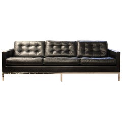 Mid-Century Modern Florence Knoll Chrome Sofa Black Tufted Leather, 1960s