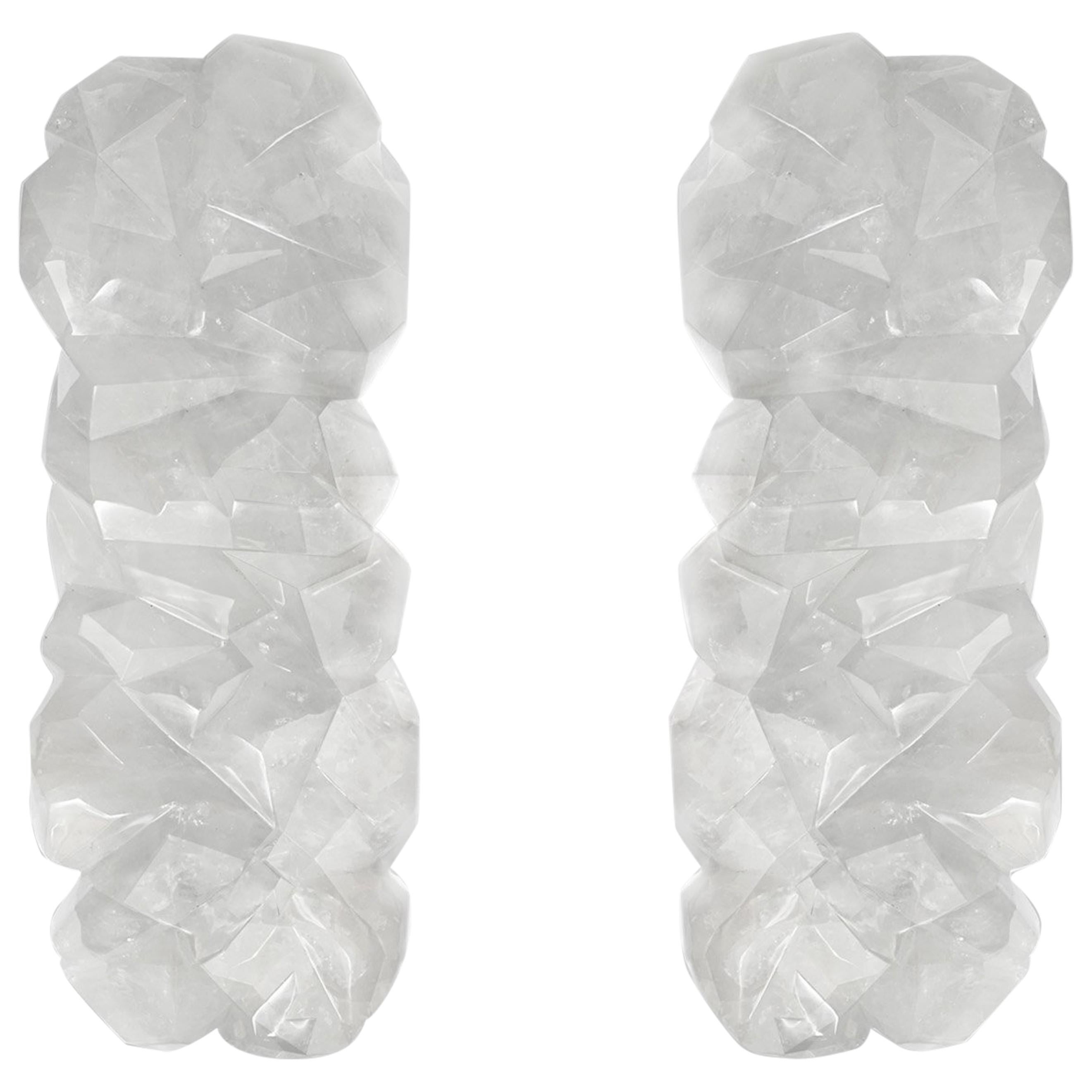 Large Pair of Fine Carved Multifaceted Rock Crystal Sconces by Phoenix