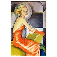 "Deco Girl, " Brilliant Depiction of Young Blonde Art Deco Woman in Red and Green