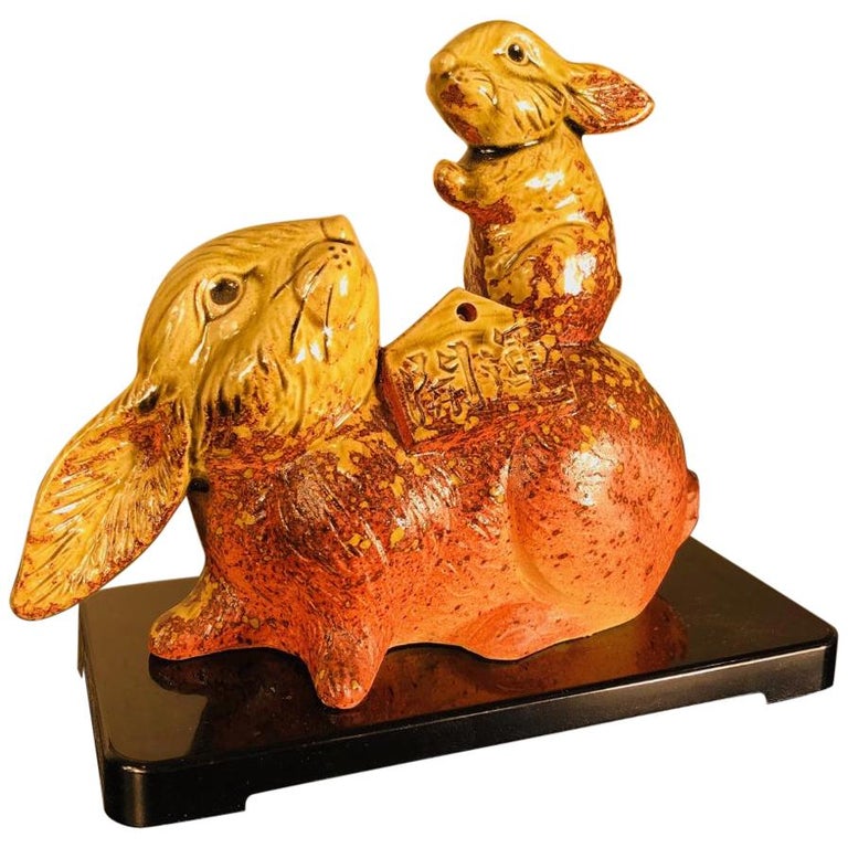 Japanese Rabbit Family Floppy Ear Rabbits Hand Painted Sculpture Signed