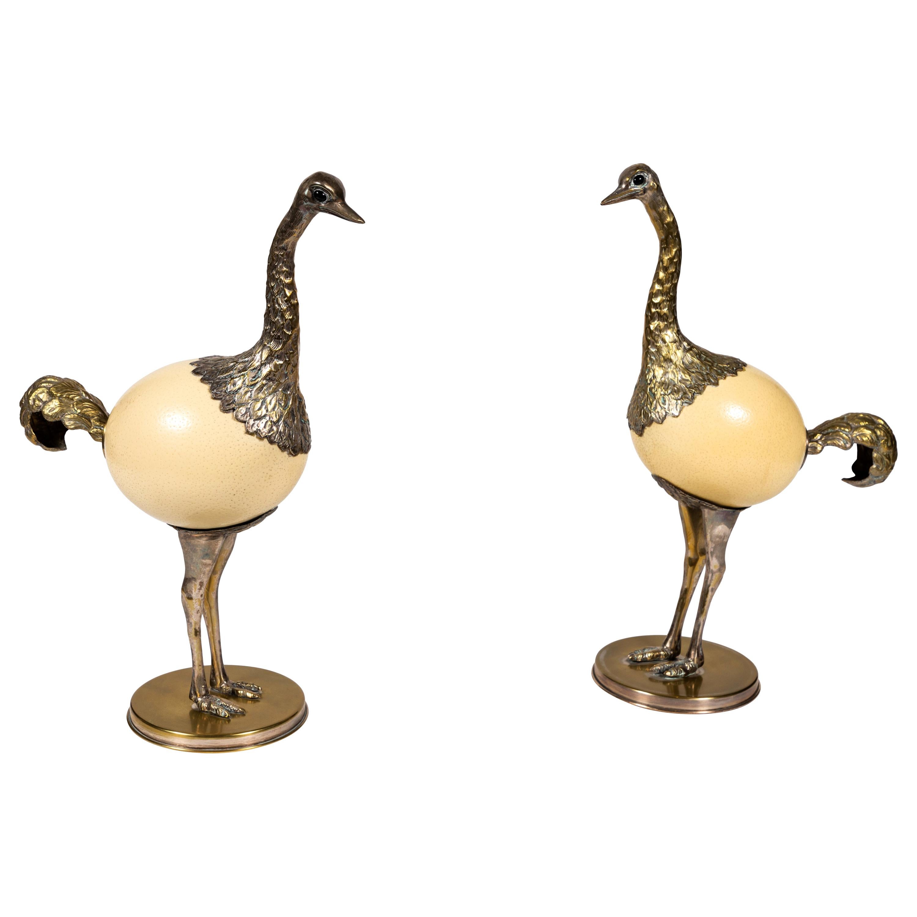 Pair of Ostrich Egg and Pewter Bird Sculptures by Franco Lagini