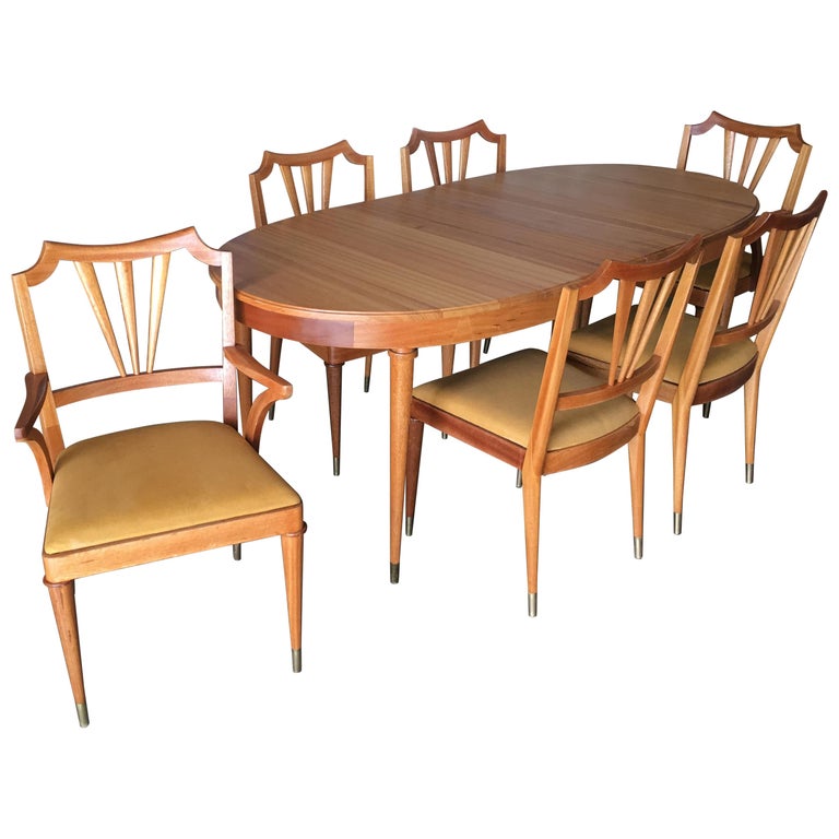 Formal MidCentury Dining Room Table and Set of Six Chairs For Sale at