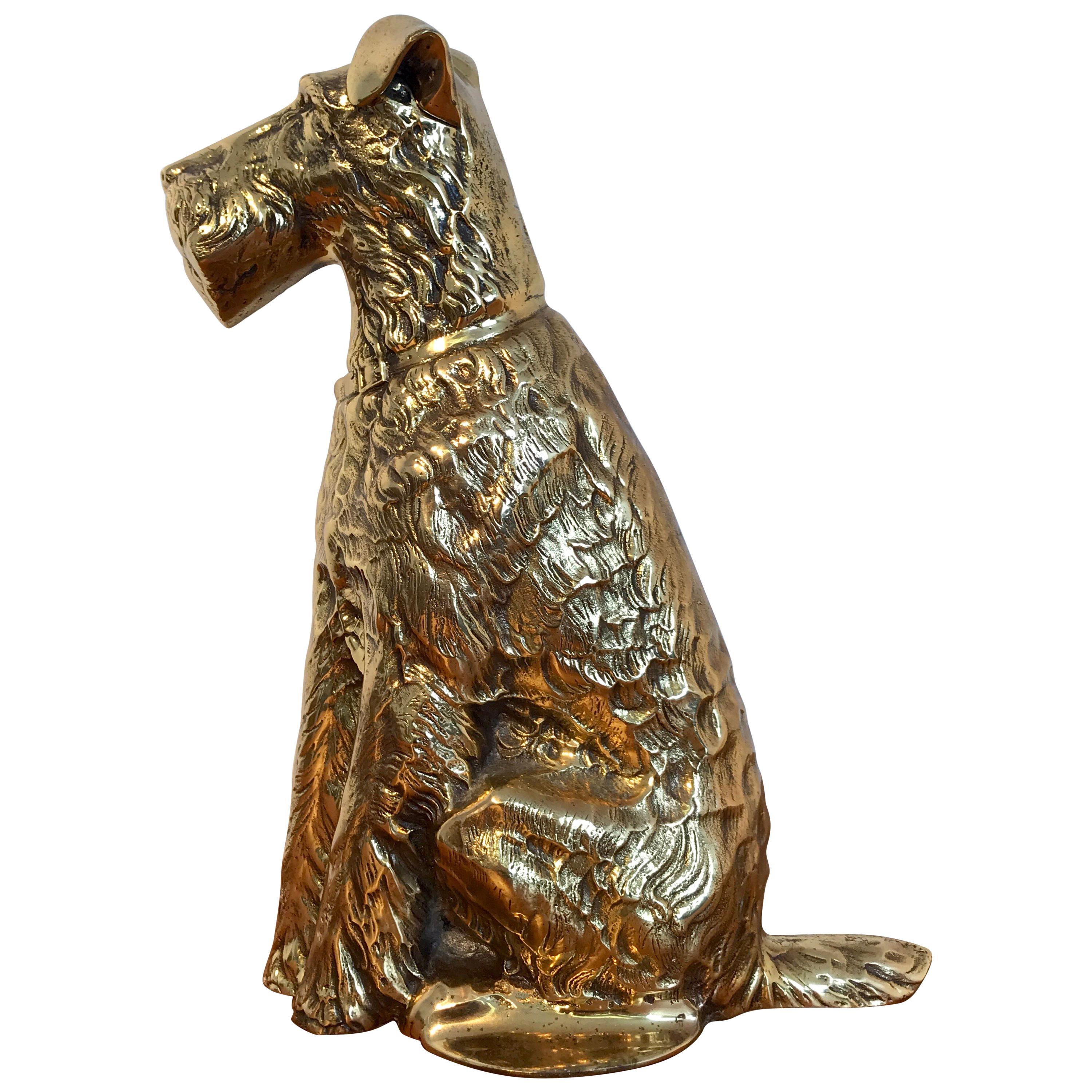 Antique English Brass Doorstop of a Seated Terrier