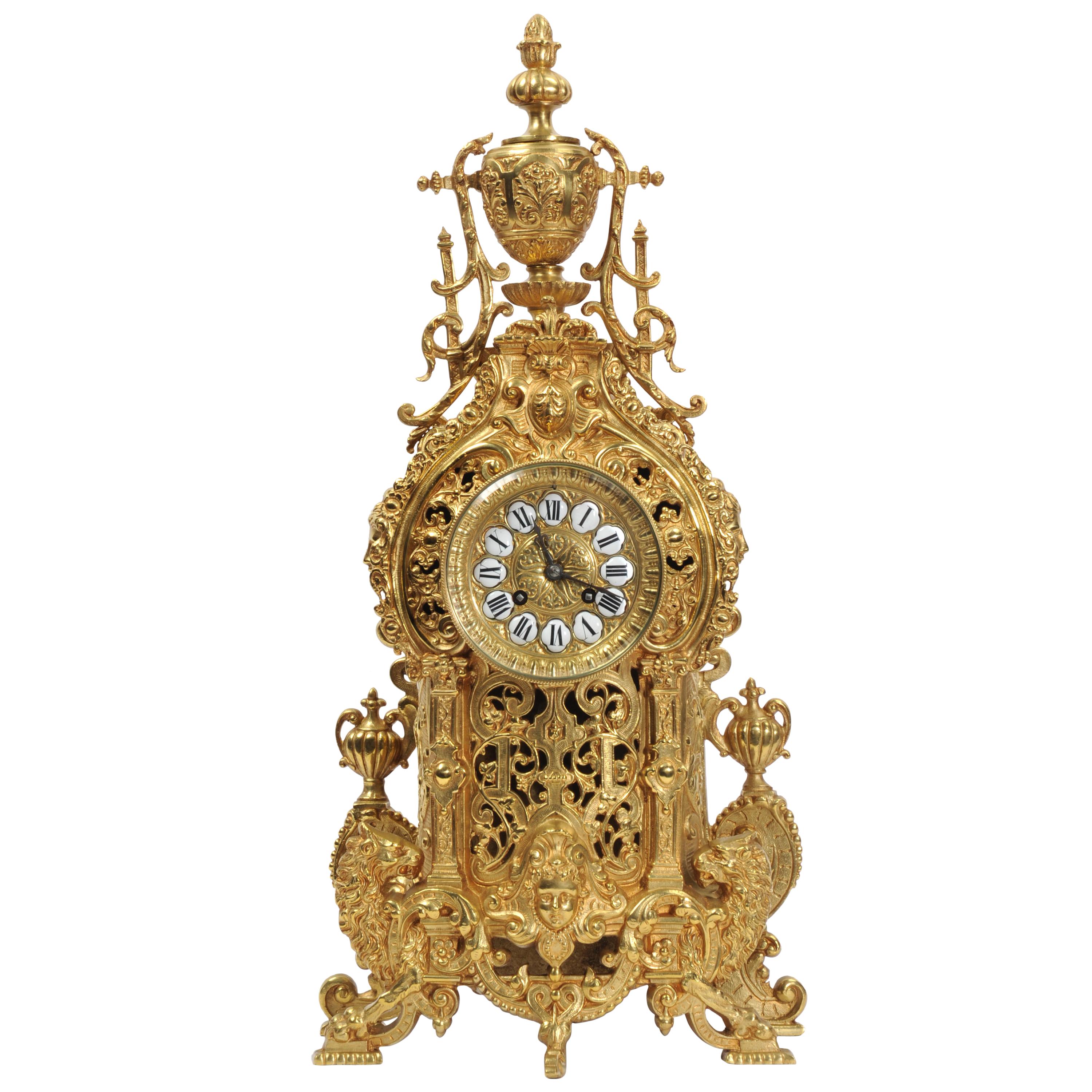 Large Antique French Gilt Bronze Baroque Clock