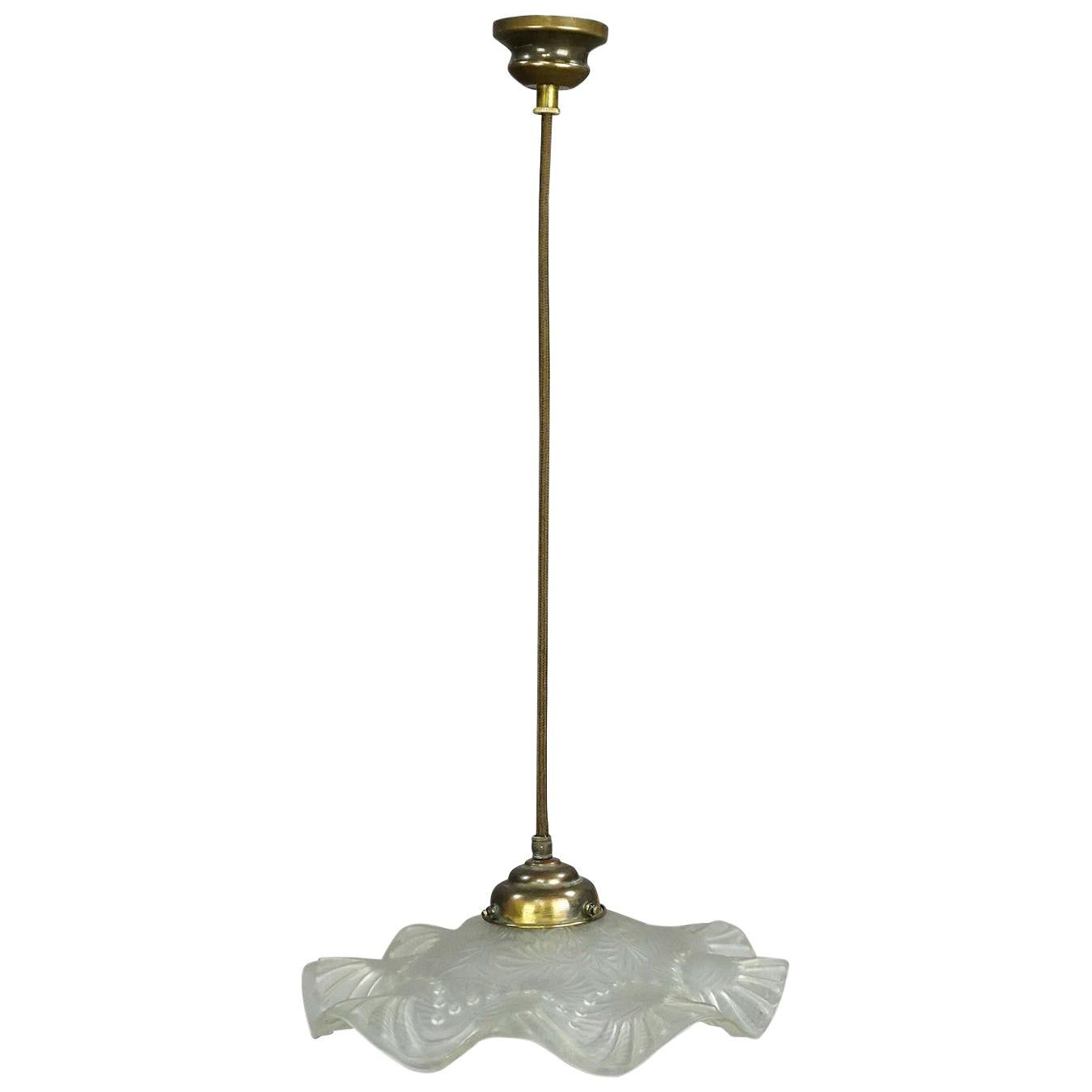 Antique Pendant Light with Clear Satinated Glass Shade, circa 1910