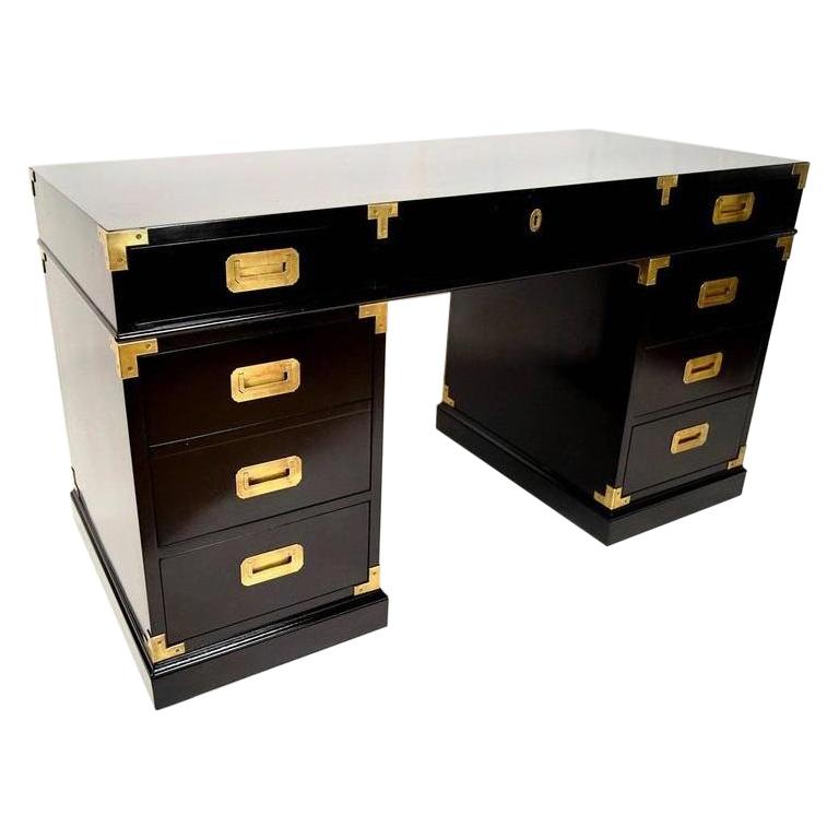 Black Lacquered and Brass Campaign Desk