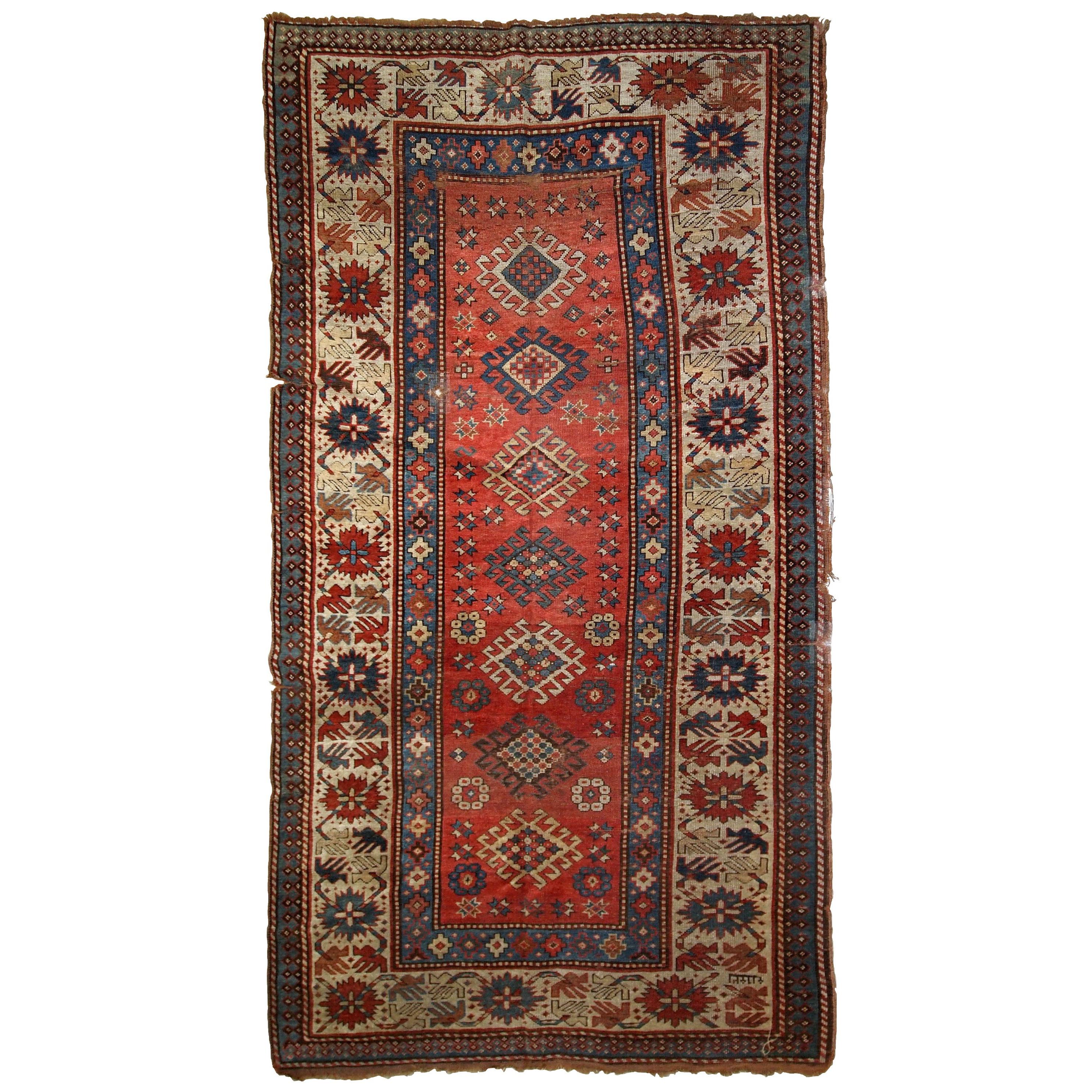 Handmade Antique Caucasian Kazak Rug, 1880s, 1B758