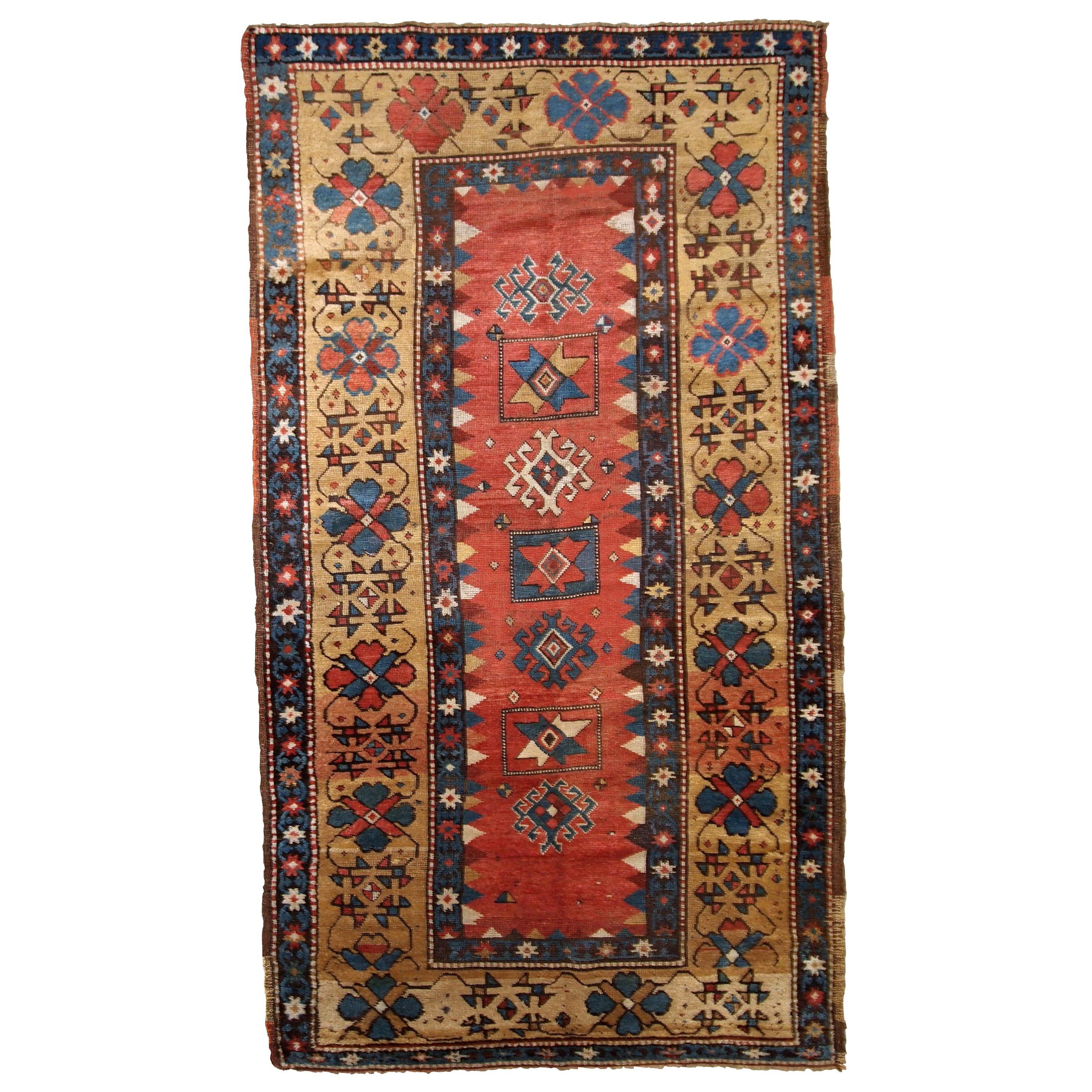 Handmade Antique Caucasian Kazak Rug, 1880s, 1B760 For Sale