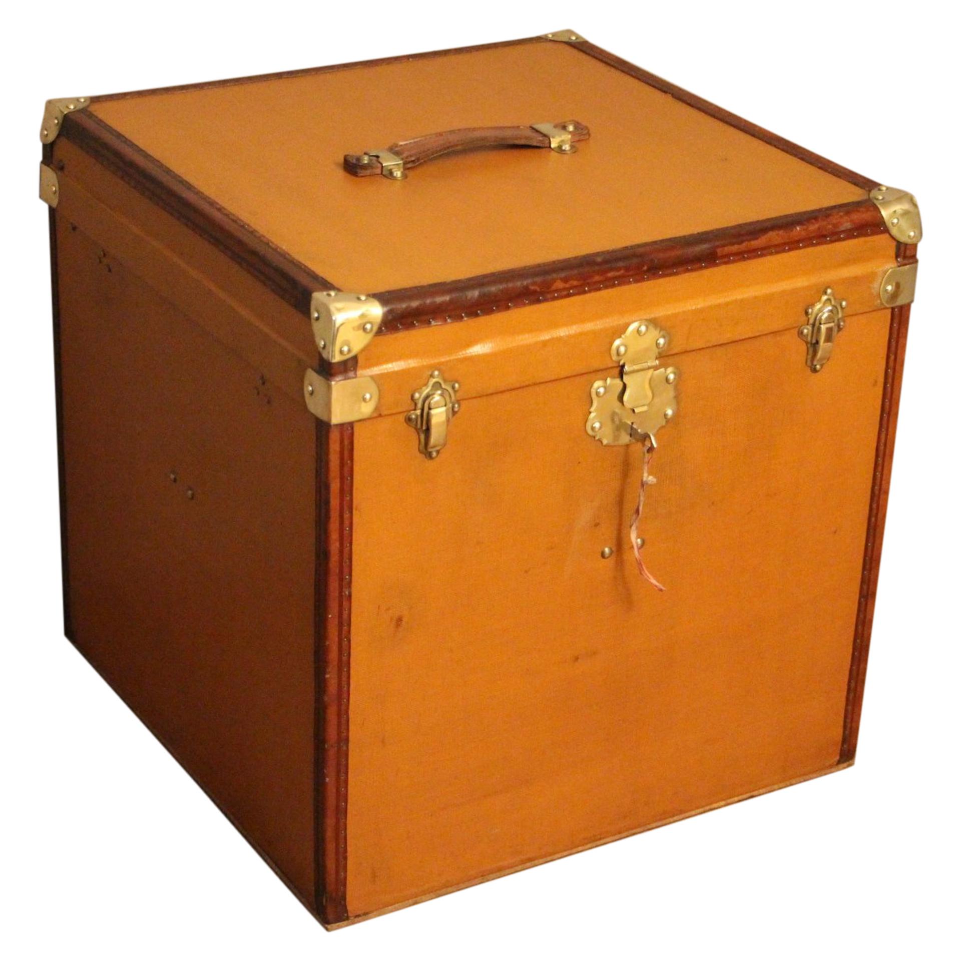 1930s Light Brown Canvas Extra Large "Cube Shape" French Hat Trunk, Hat Box