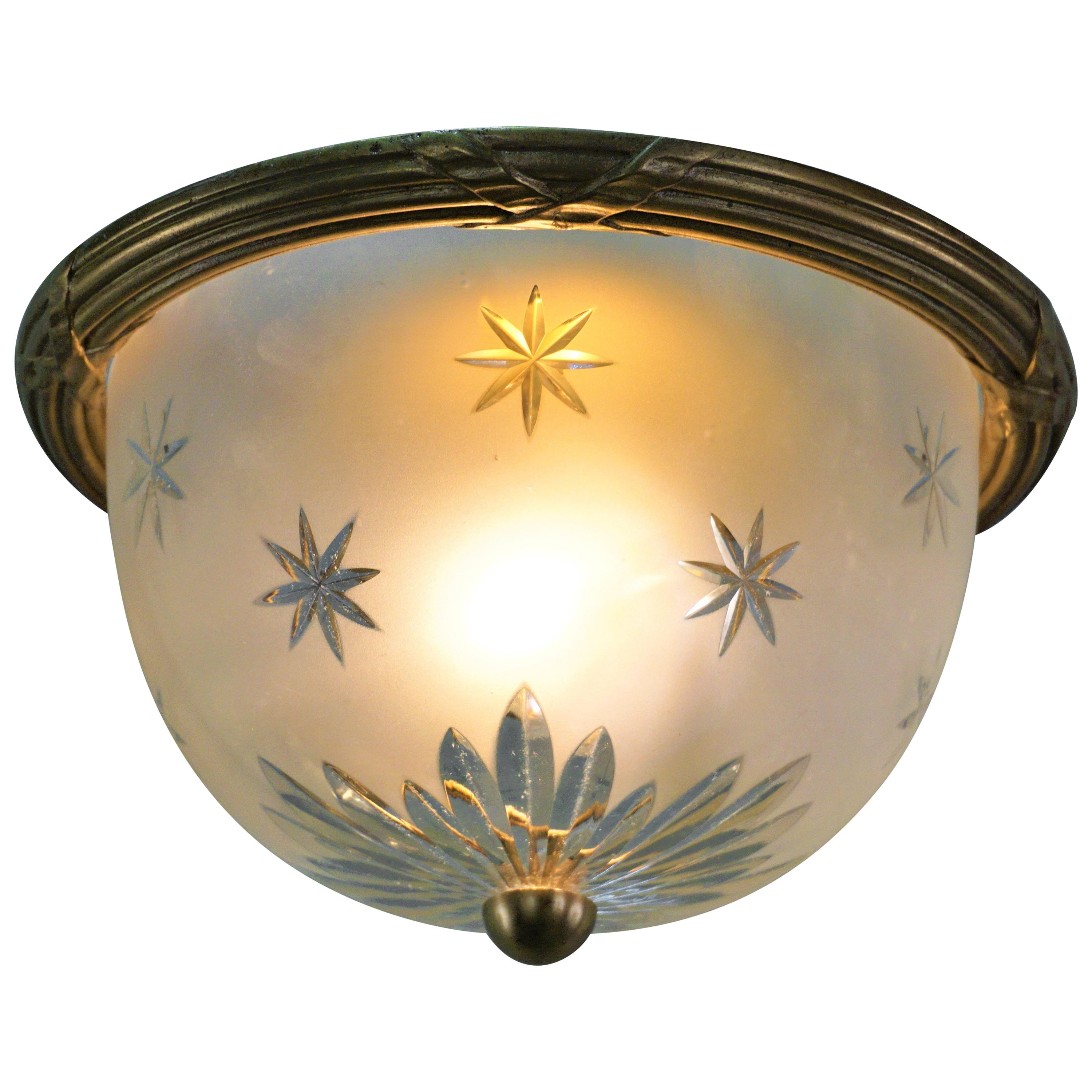 Set of Four French Bronze and Cut Glass Flush Mount Light Fixtures