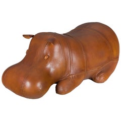 Distressed Leather Laying Hippo Hippopotamus Animal Footstool Ottoman Stool