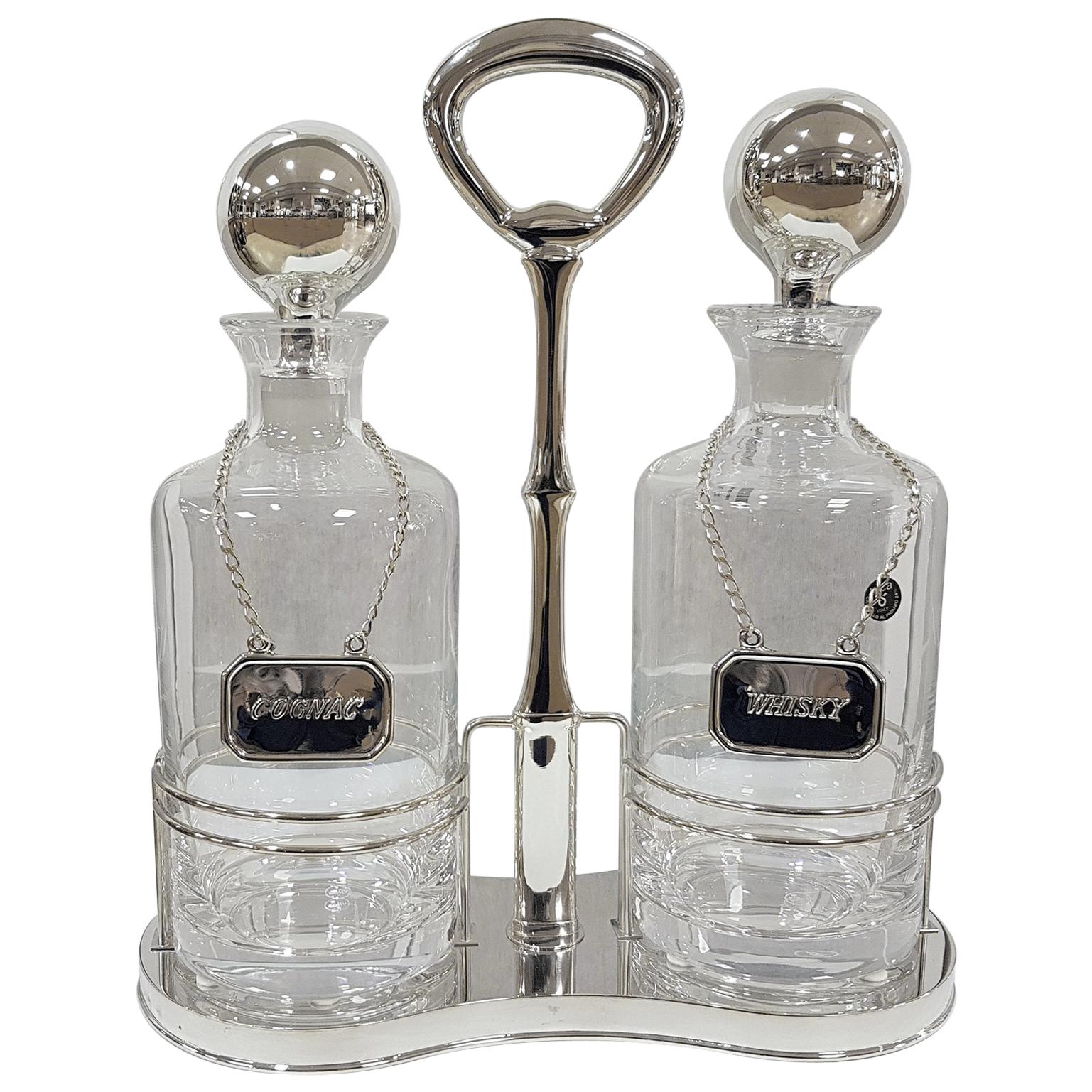 20th Century Italian Solid Silver 800 Tantalus with Two Cristal 24% Bottles