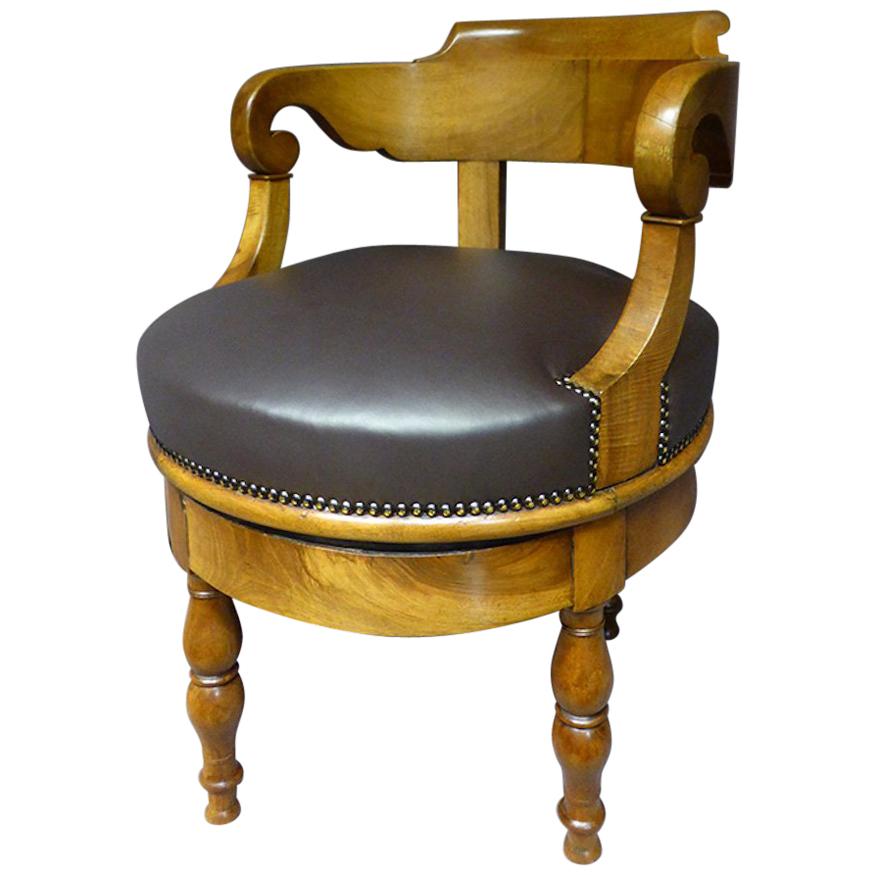 19th Century French Walnut and Leather Turning Office Armchair