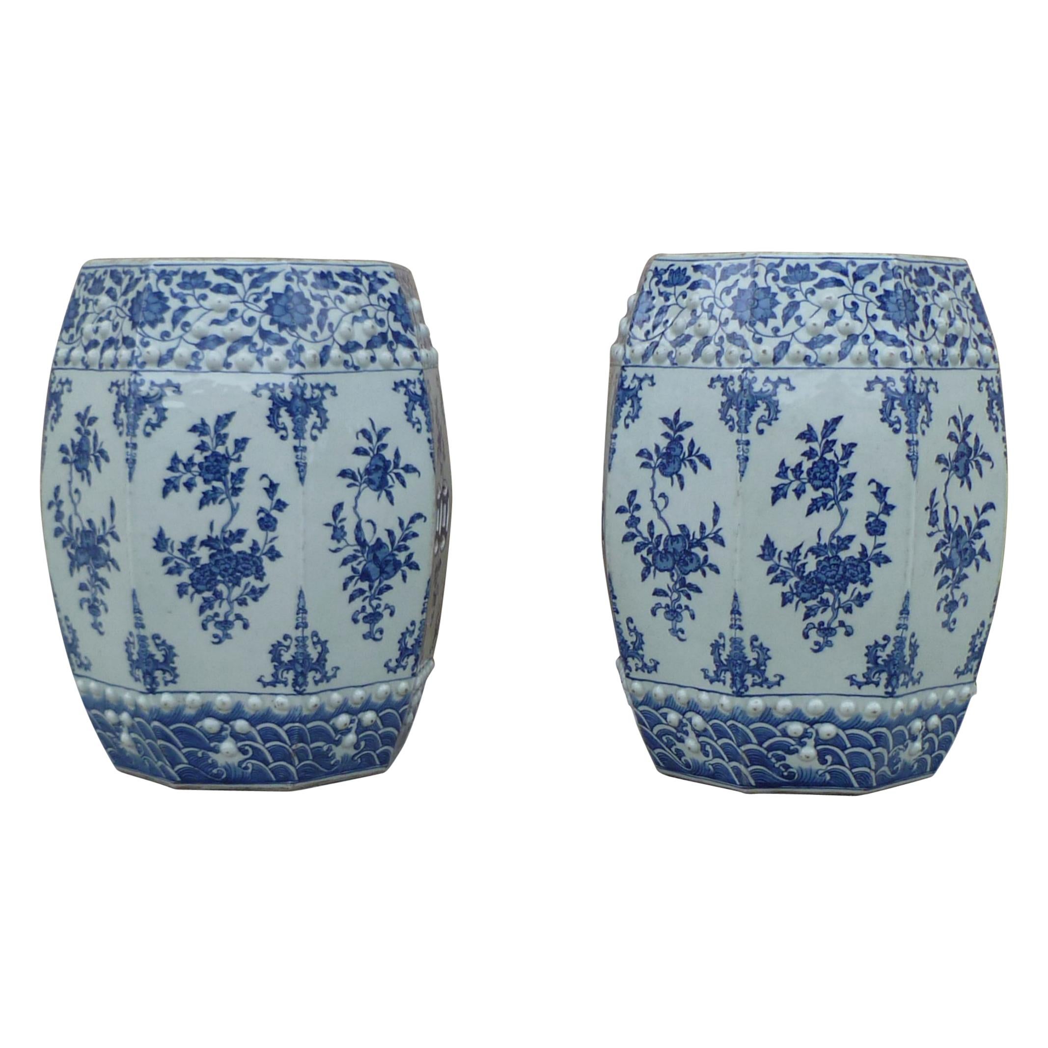 Pair of Blue and White Porcelain Garden Seats / End Tables For Sale