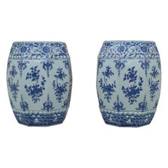 Retro Pair of Blue and White Porcelain Garden Seats / End Tables