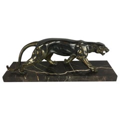 Large French Art Deco Bronze Panther Sculpture on Marble