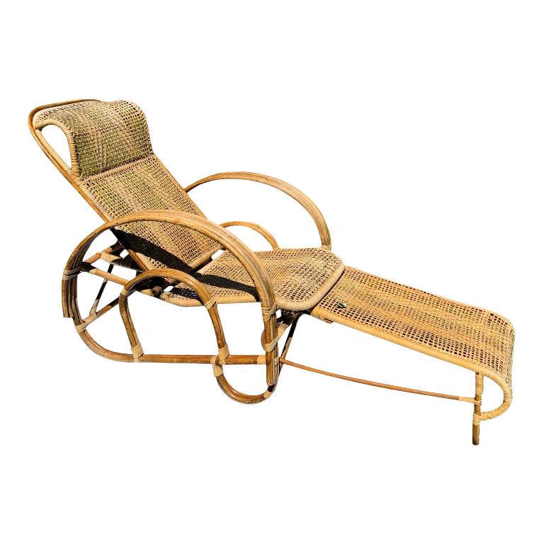 Cane Pretzel Wood and Bamboo Patio Lounge Chair Hidden Adjustable Ottoman