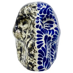 Blue and Black Talavera Ceramic Skull Talavera De La Reina Puebla Mexico