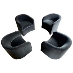 4 Milo Baughman Style Tub Chairs on Ball Casters Having Deep Brown/Gray Velvet