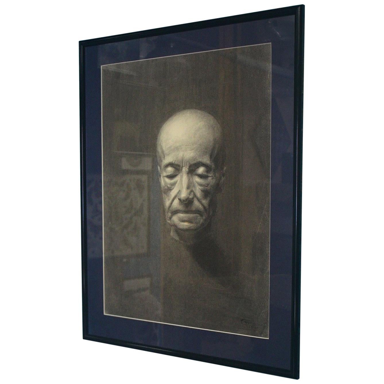 Highly unusual and extremely well executed charcoal on paper, portrait of a death mask. 

Monogram in bottom right corner SAB, and dated 1993 

The piece has been sympathetically framed and glazed in a ebonized cushion frame with a navy mount