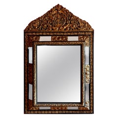 French Ebony Repousse Brass Mirror with Beveled Glass