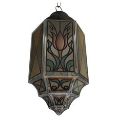 Antique Arts & Crafts Stained Glass Pendant with a Stylized and Meaningful Tulip Pattern