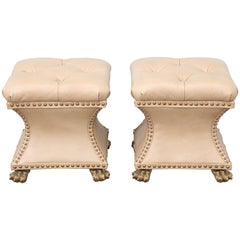 Pair of Tufted Leather Ottomans