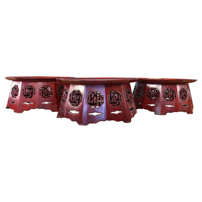 Meiji Period Red Lacquer Octagon Low Table or Plant Stand, 3 Available For Sale