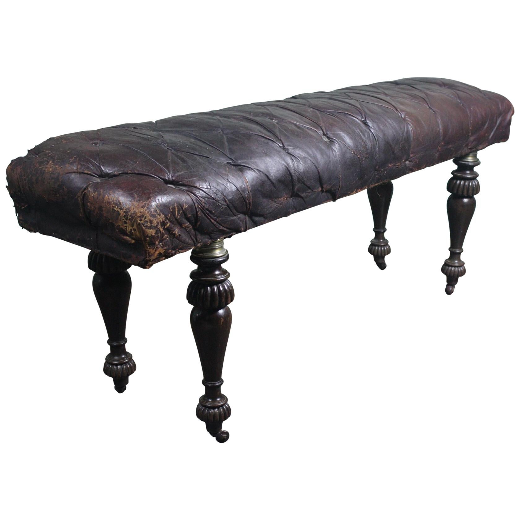 Moroccan Maroon Leather Button Bench, Settle, Pew, Seat Mahogany and Brass