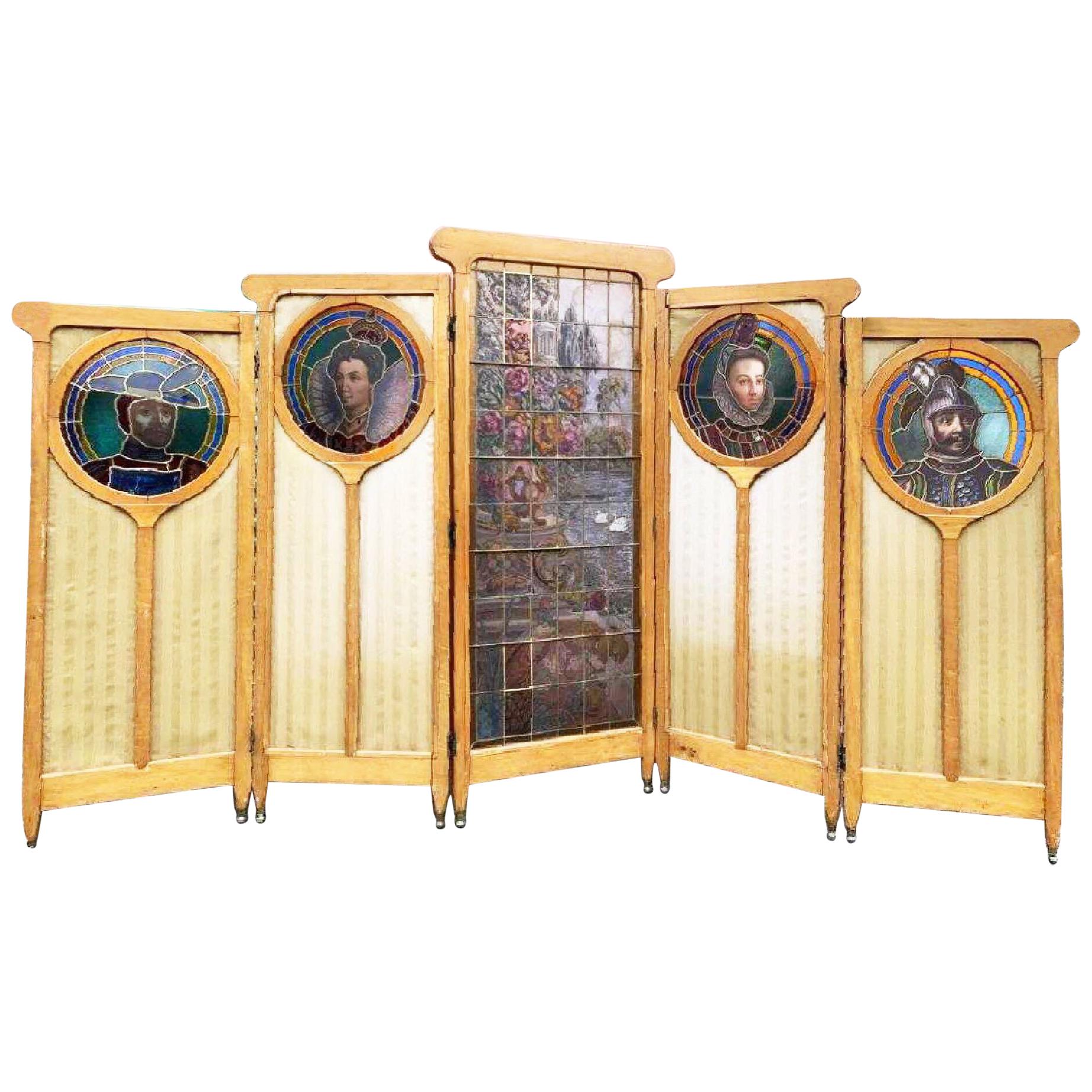 Arts & Crafts Stained Glass and Silk 5-Panel Screen in Walnut, Art Nouveau Glass