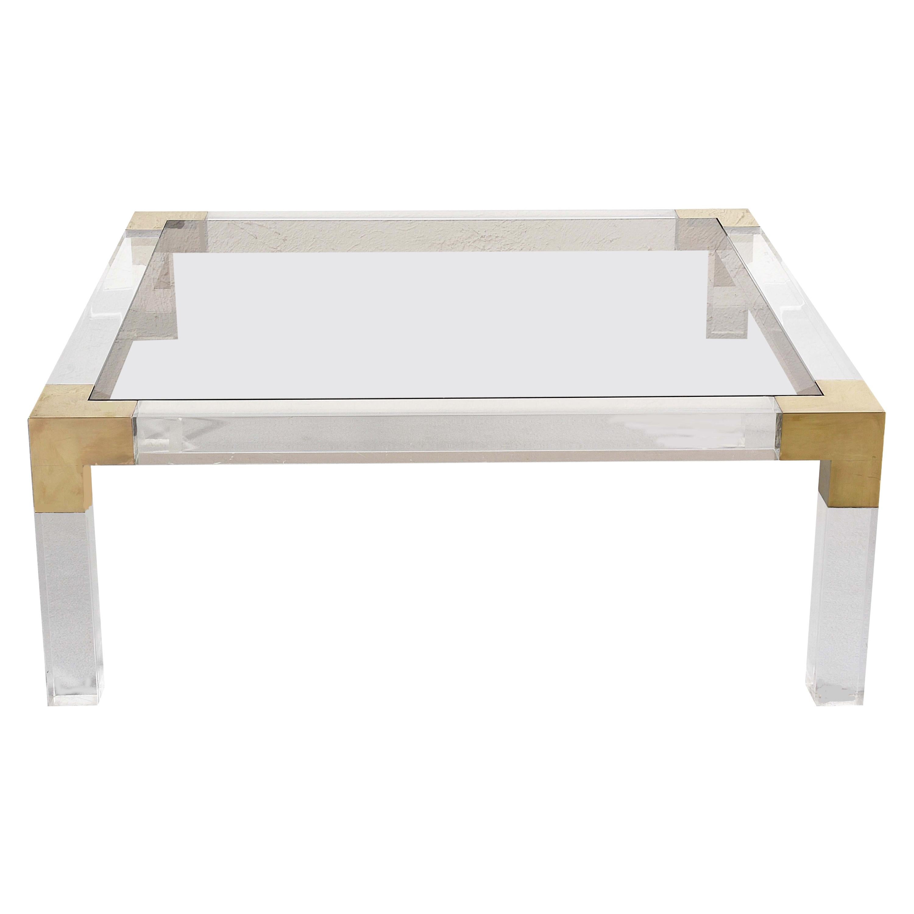 Midcentury Square Coffee Table in Brass and Lucite, Smoked Glass Top Italy 1970s