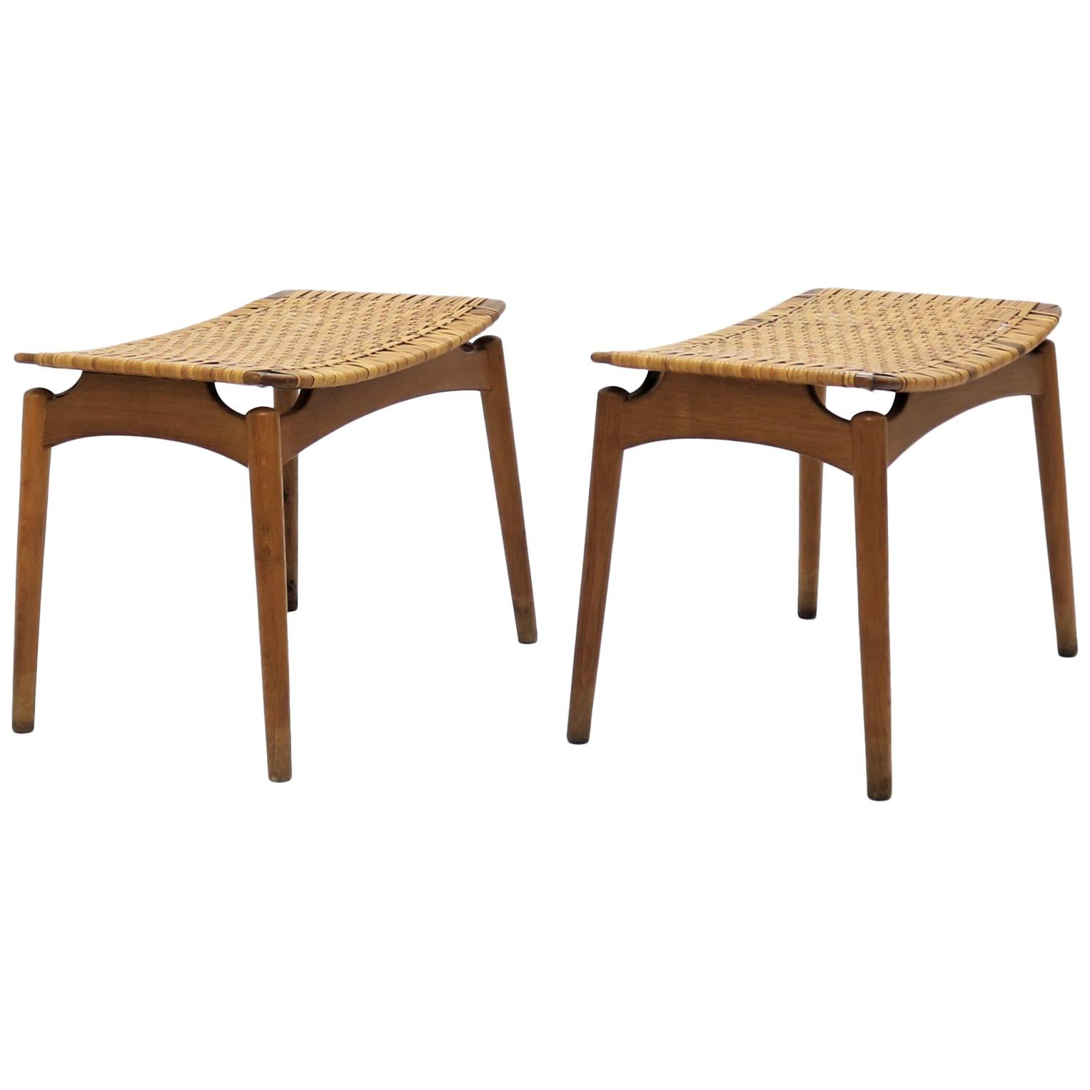 Pair of Scandinavian Modern Stools in Oak and Cane by Olholm Denmark, 1950s