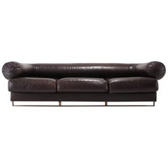 Jacques Charpentier Brown Leather 'Apollo' Sofa in Stainless Steel Frame