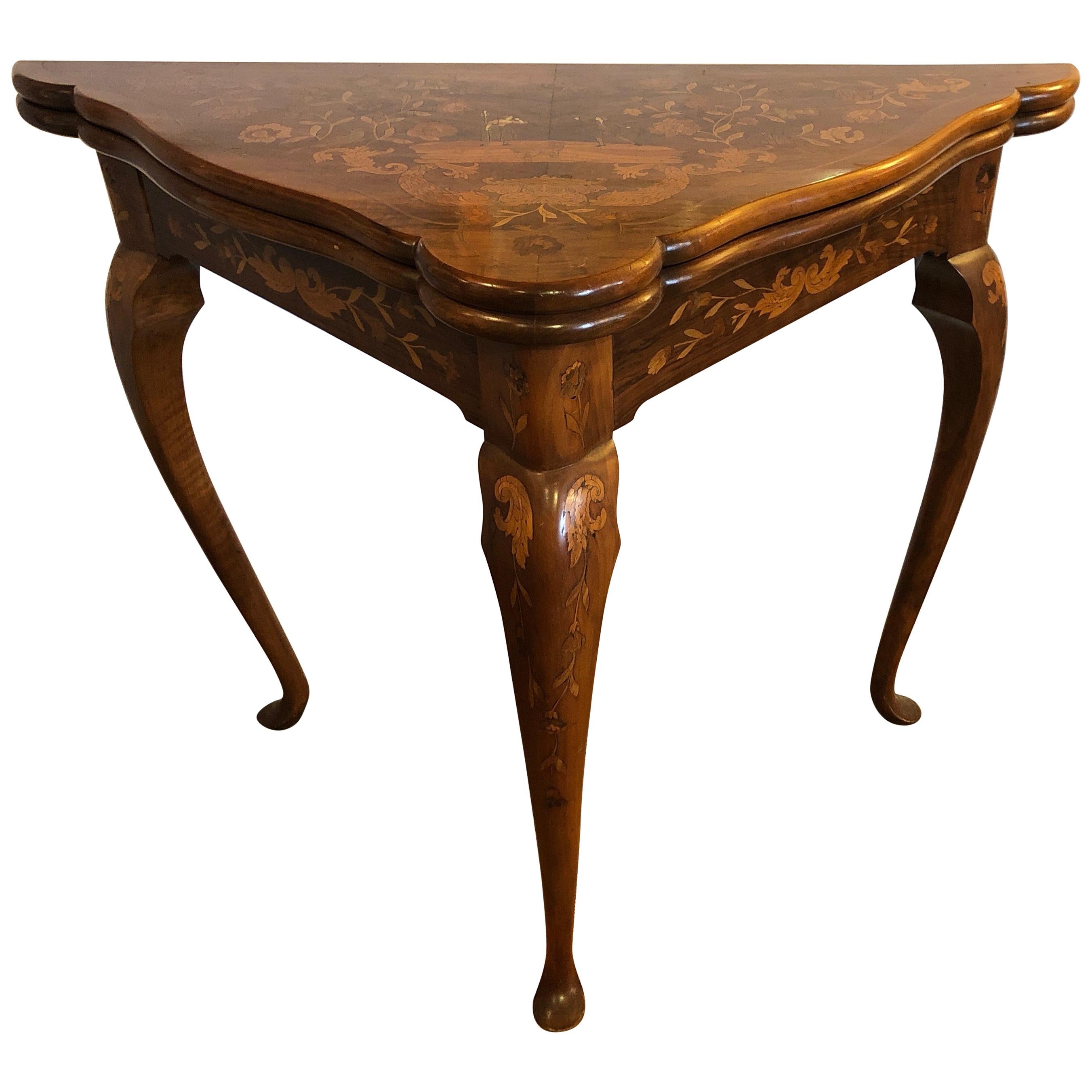 Lovely Triangular Mixed Wood Intricately Inlaid Table the Opens to Card Table