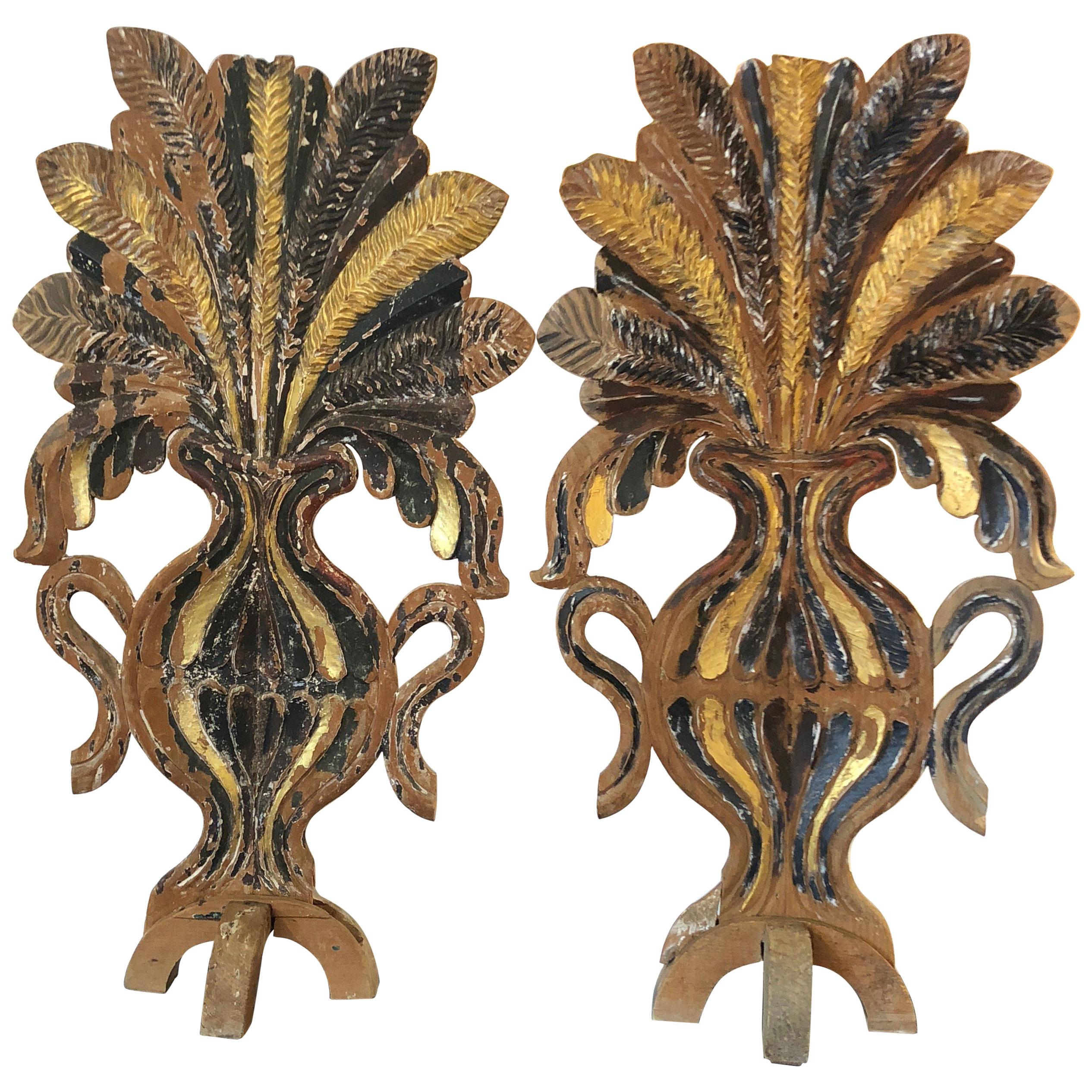 Incredible Chippy Pair of Carved Painted Gilded Fireplace Screens Sculptures