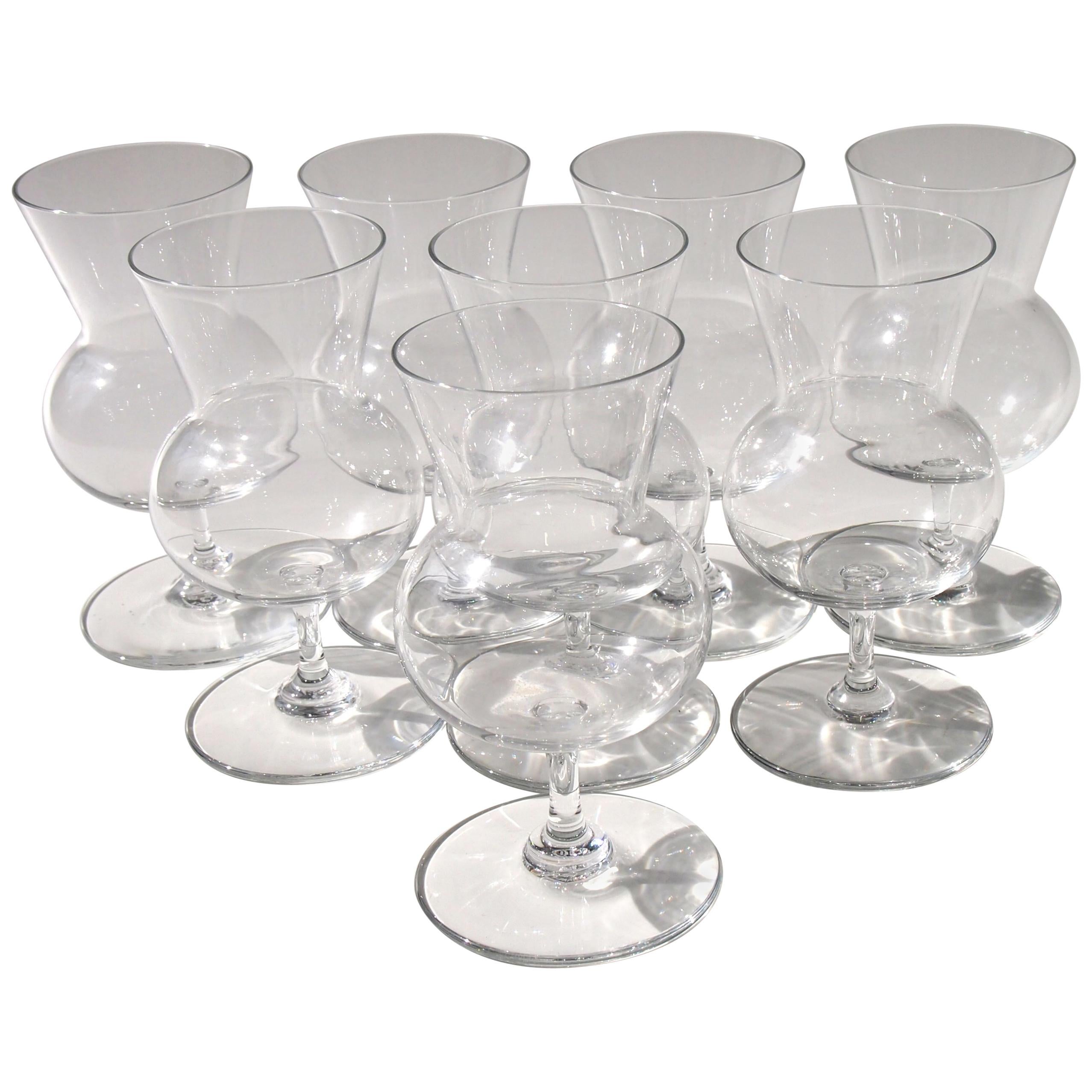 French Mid-Century Modern Baccarat Signed Crystal Glass Thistle Brandies, Set 8