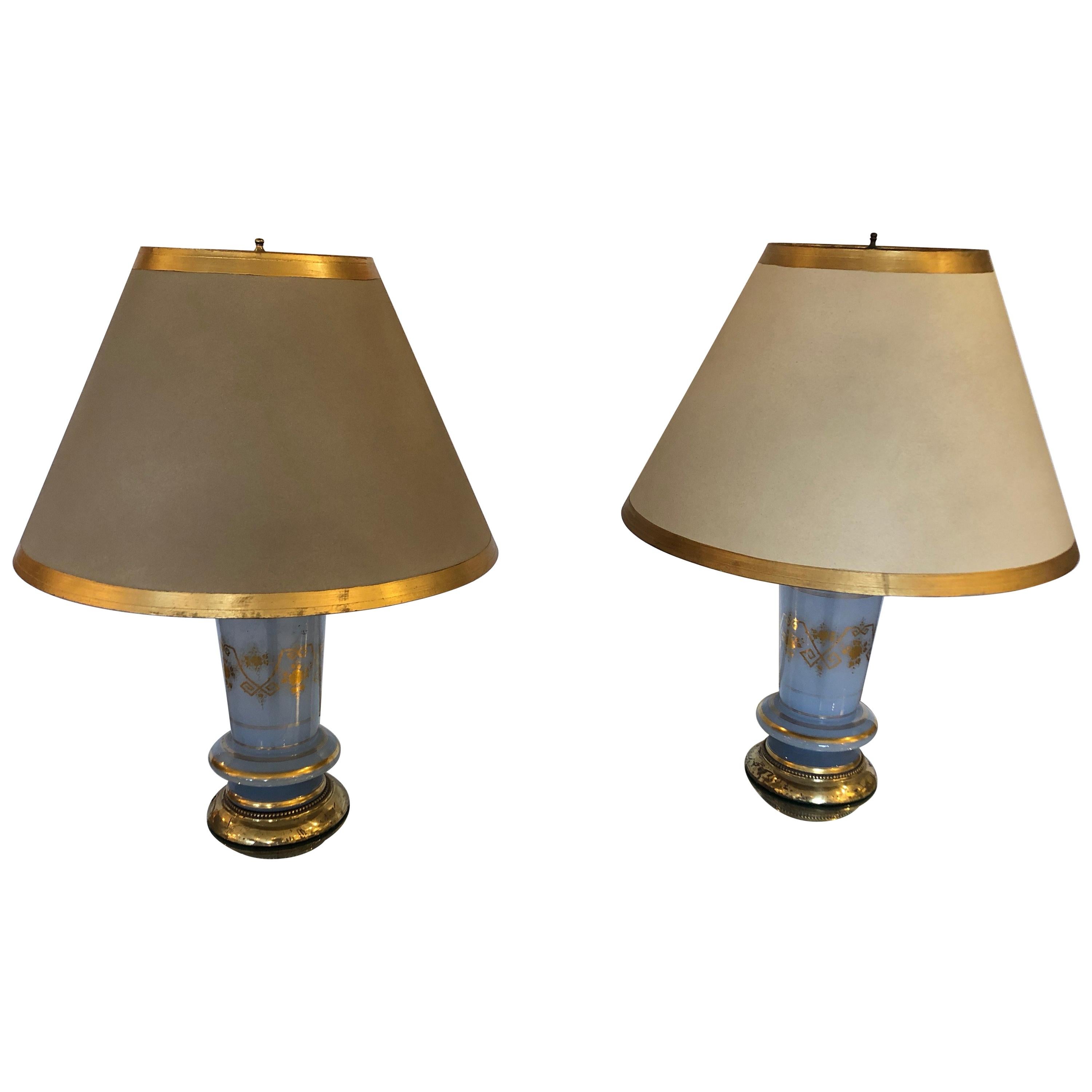 Lovely Pair of Ice Blue and Gold Leaf Table Lamps