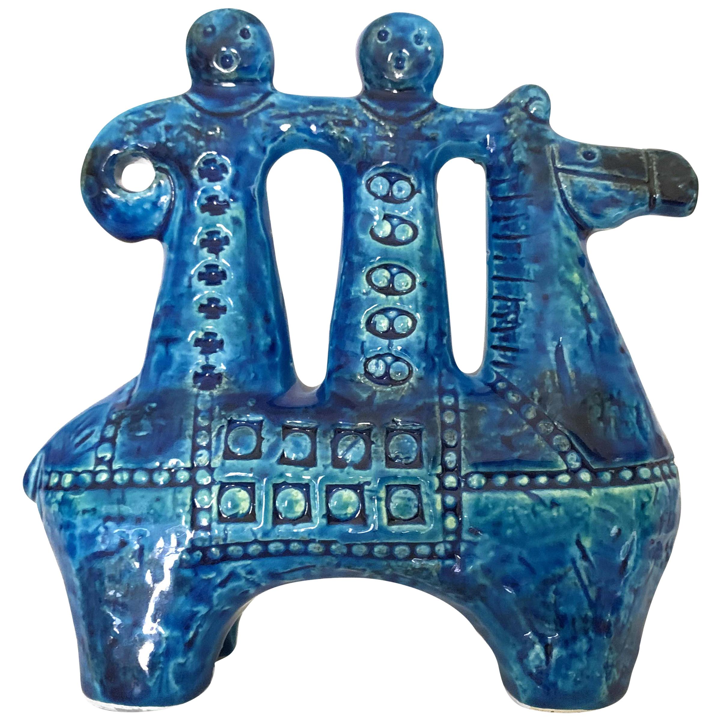 Aldo Londi for Bitossi Rimini Blue Figurine, Horse, Rider, Cavallerizzo Pottery