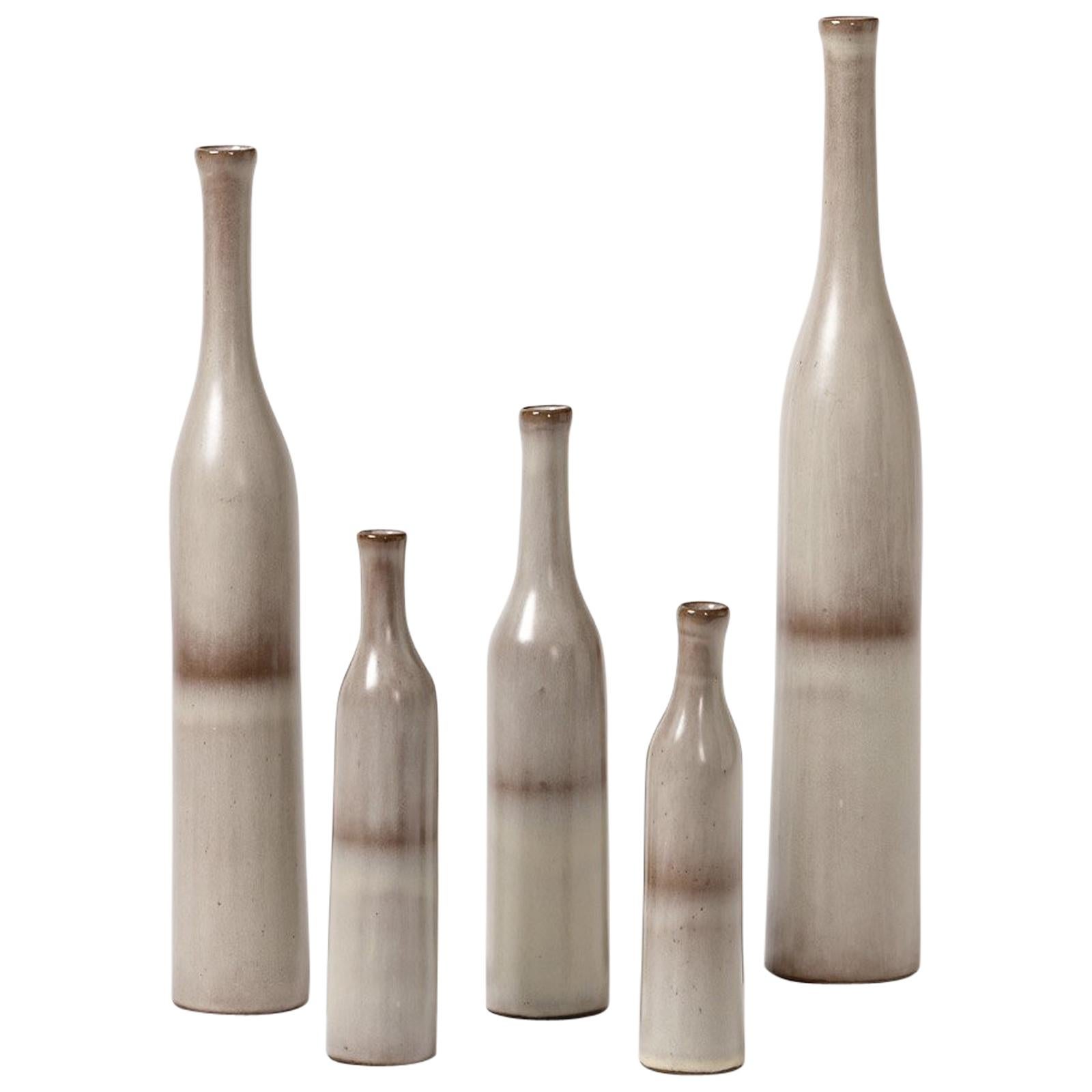 Set of 5 Ceramic Bottles White and Grey Colors by Ruelland Midcentury Design