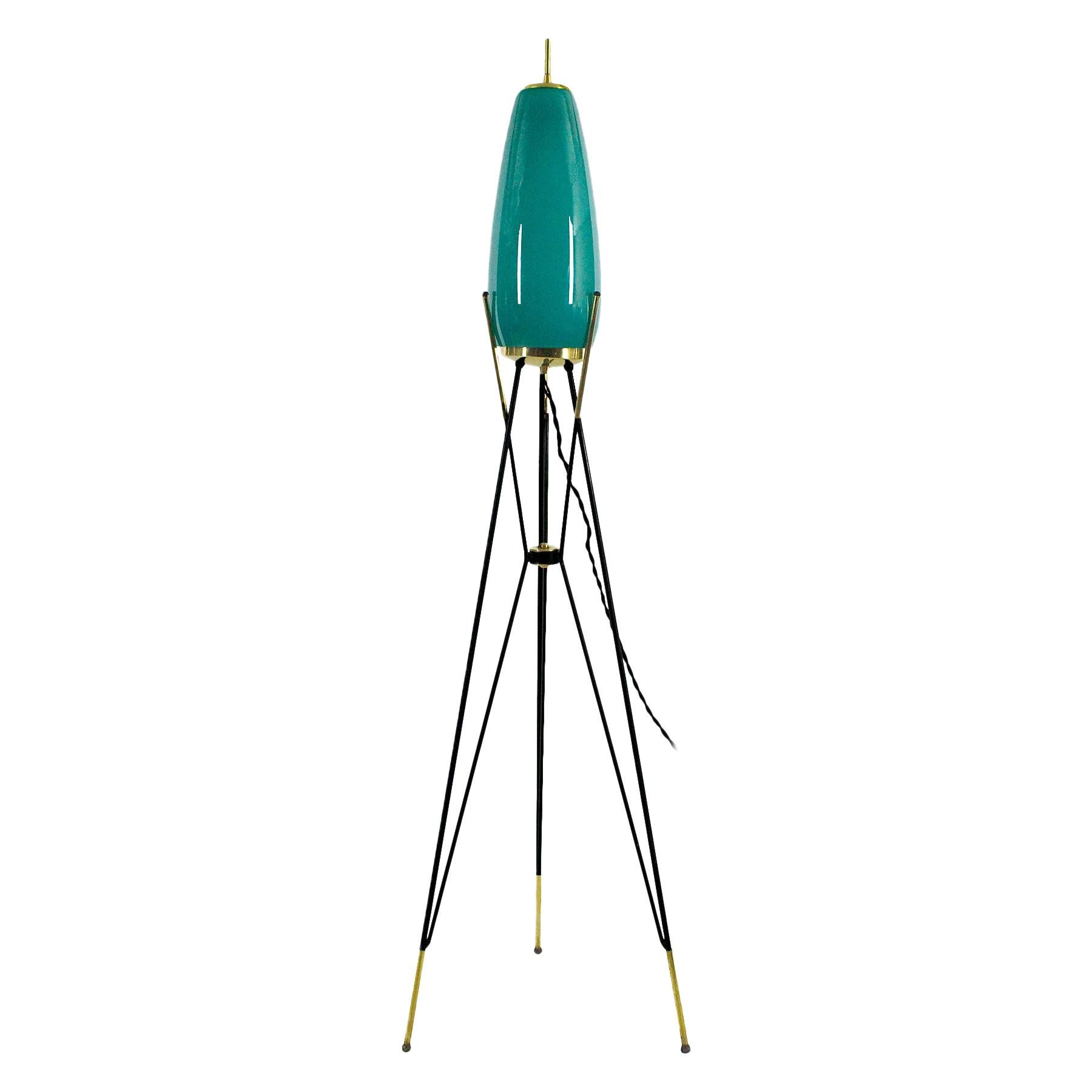 Mid-Century Modern Tripod Standing Lamp With Turquoise Glass - Italy, 1960s For Sale