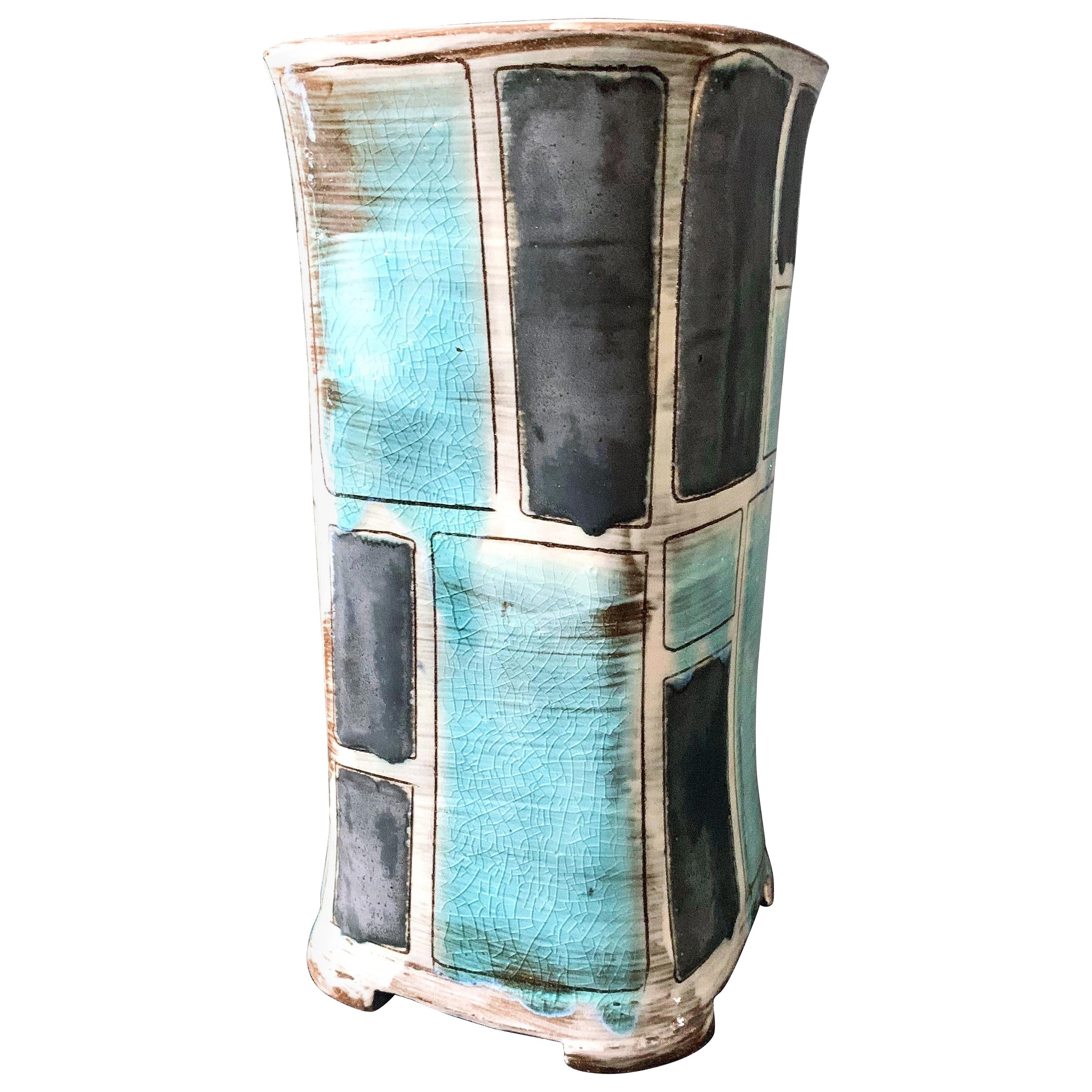 Midcentury Footed Vase with Aqua and Black Panels, Signed K Love For Sale