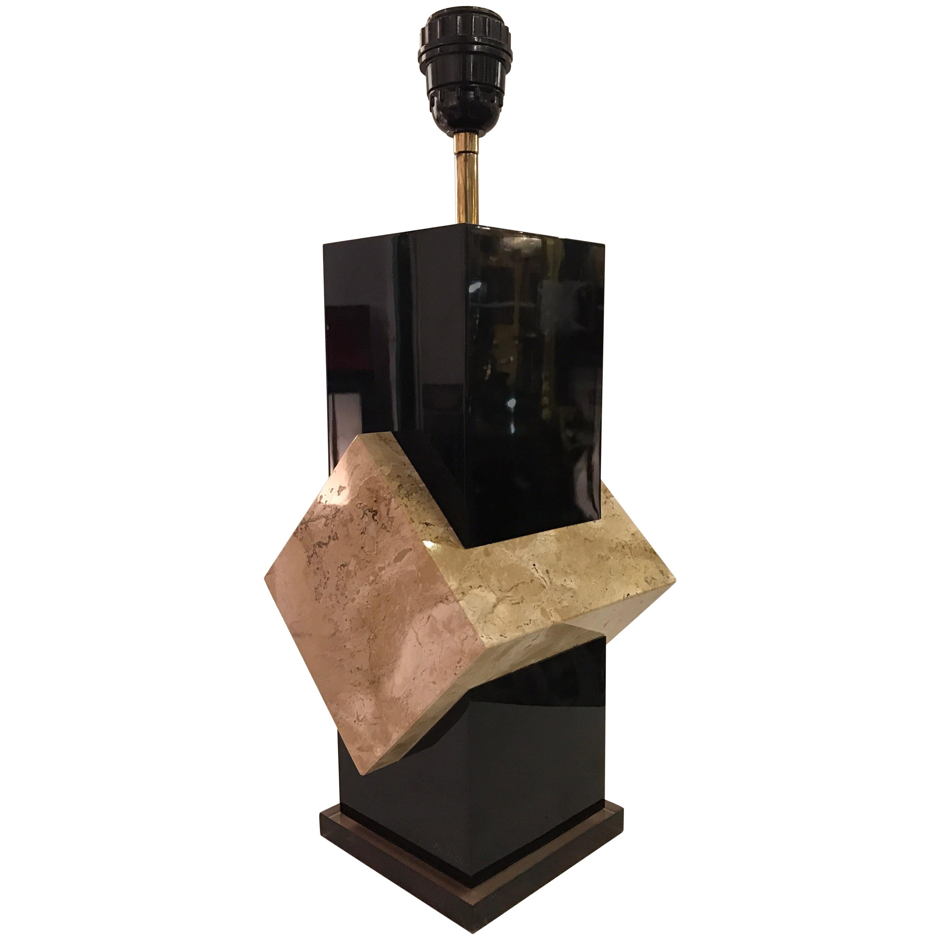 1970s Black Lucite and Travertin Marble Lamp