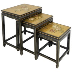 Vintage Chinoiserie Nesting Tables Black Lacquer Decorative Gold Birds Flowers
