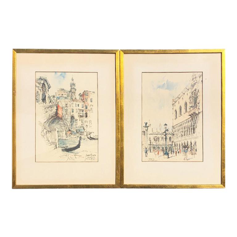 Water Color Prints of Venezia a Pair with Gilt Frames Signed Jan Korthals