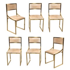 Willy Rizzo Design Set of Six Brass and Leather Dining Chairs, Italy, 1970s