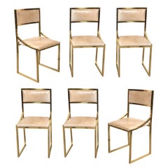 Willy Rizzo Design Set of Six Brass and Leather Dining Chairs, Italy, 1970s