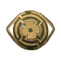 Round Green and Natural Woven Tribal Bowl Basket with Handles and Pattern